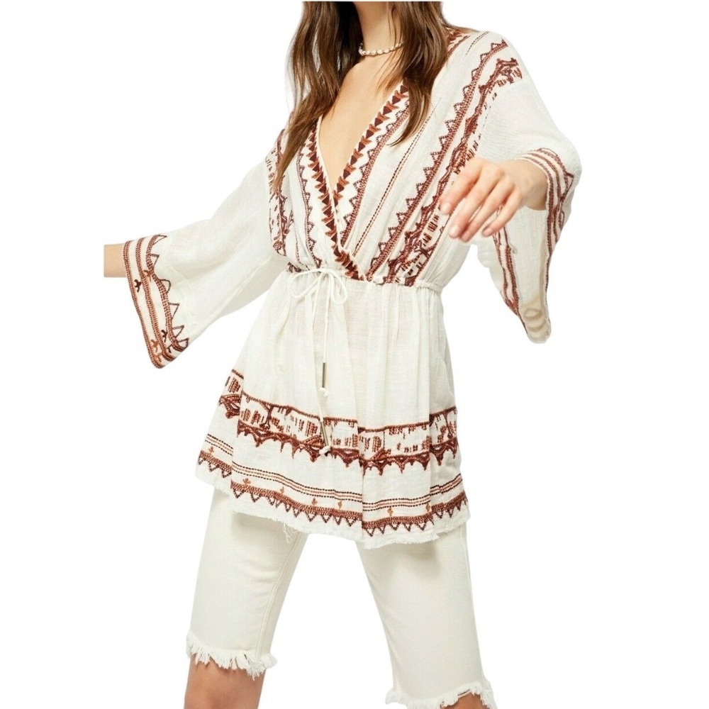 Free People Saffron Embroidered V-Neck Tunic Ivory Long Sleeve Womens Sz Medium‎